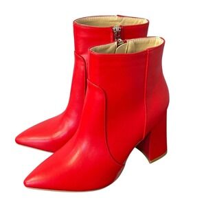 European 38 Red Faux‎ Leather Zipper Chunky Heel Ankle Bootie Women Size 7.5
